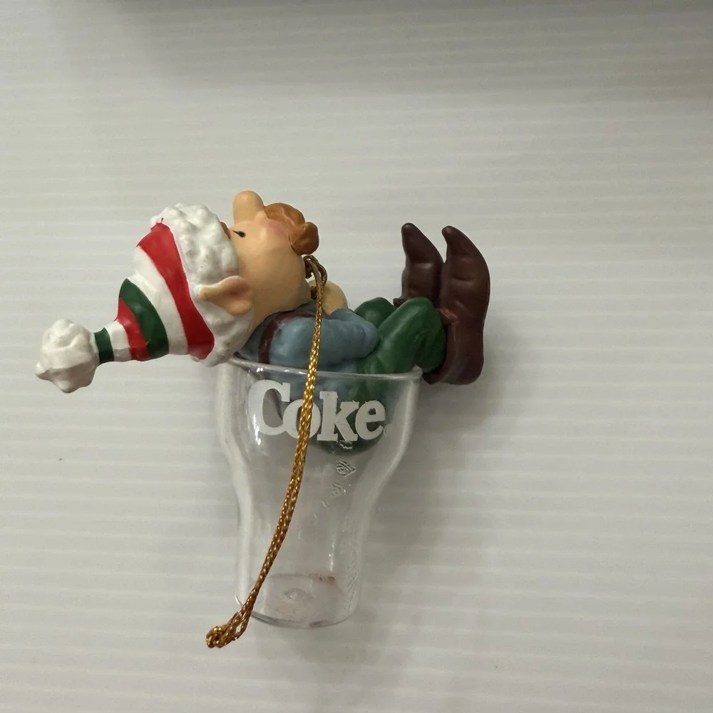 Vintage 90s Coca Cola Elf In Coke Glass Christmas Ornament Holiday Soda